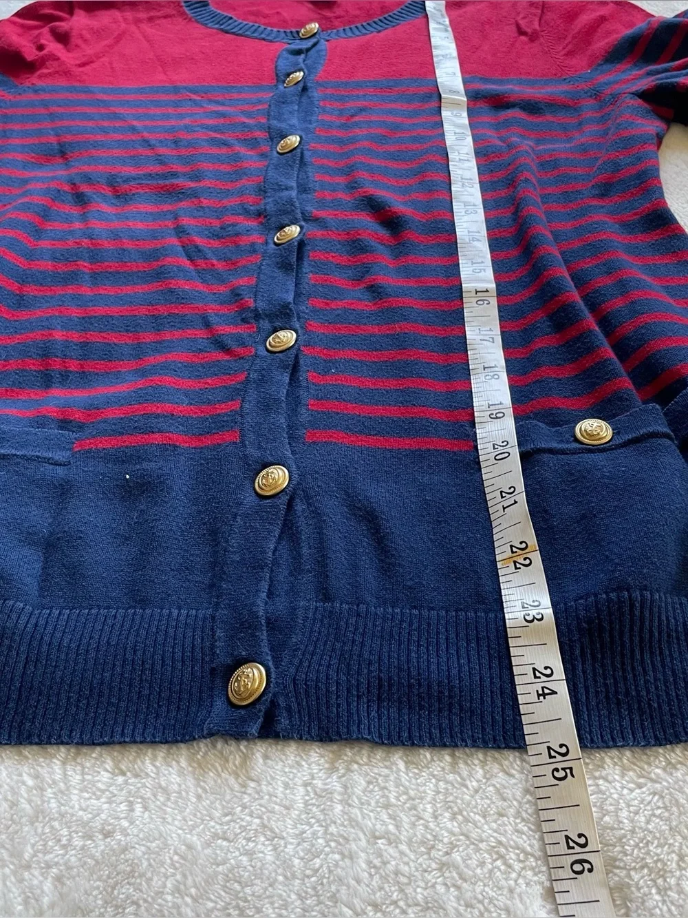 Lands End Red Navy Blue Nautical Cardigan size S 100% Cotton - Picture 7 of 13